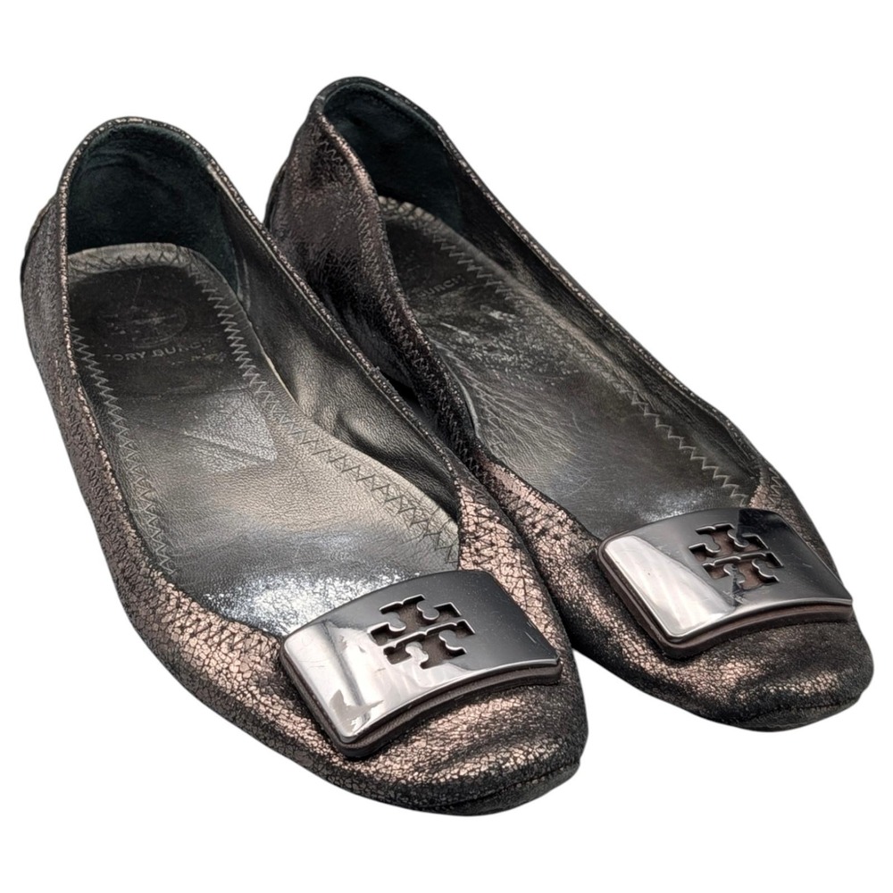 Tory Burch Ballet Flats Womens‎ 8.5M Anthracite Metallic Leather Round Toe